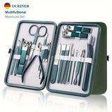 Green multifunctional manicure set with nail clippers, scissors, and tools in portable case