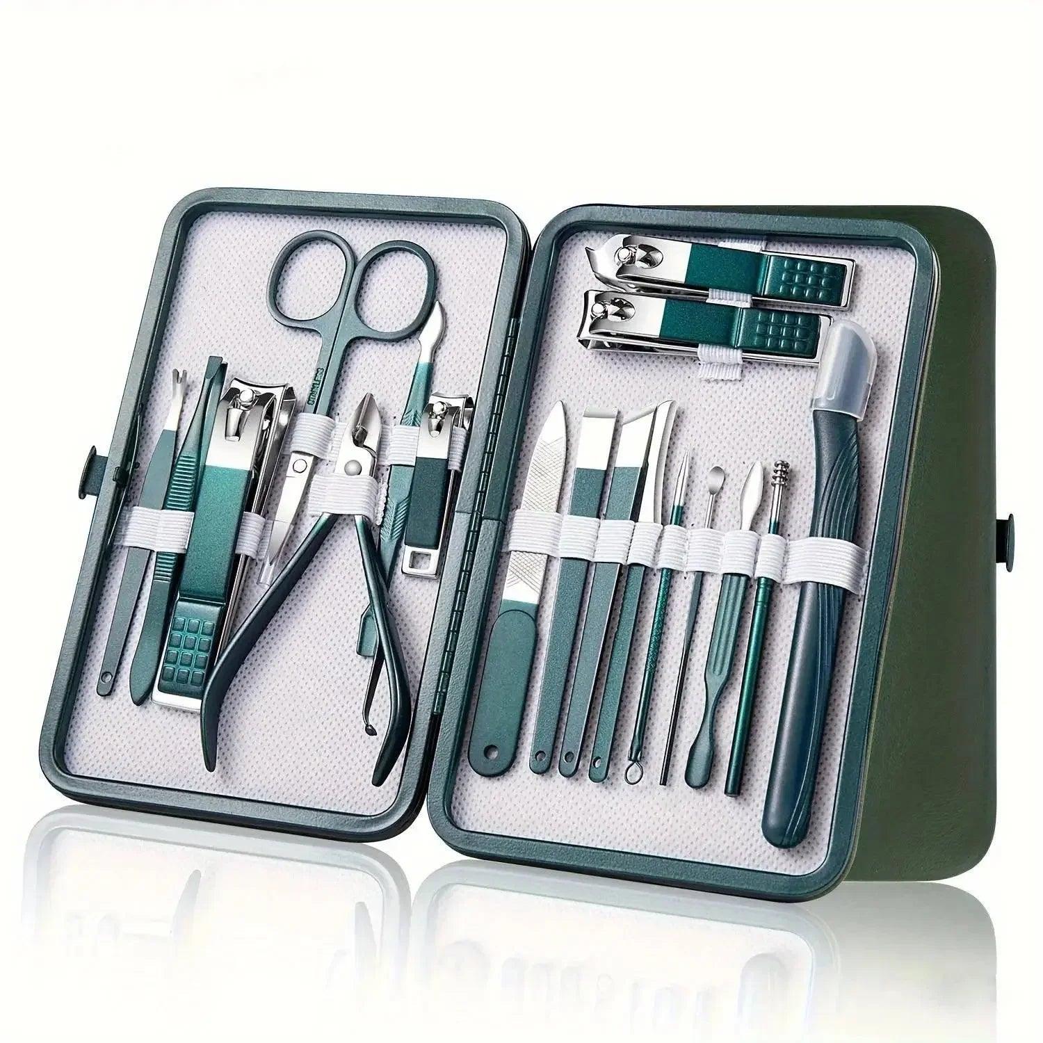 Green manicure set with nail clippers, scissors, files, and tools in a portable case for beauty care