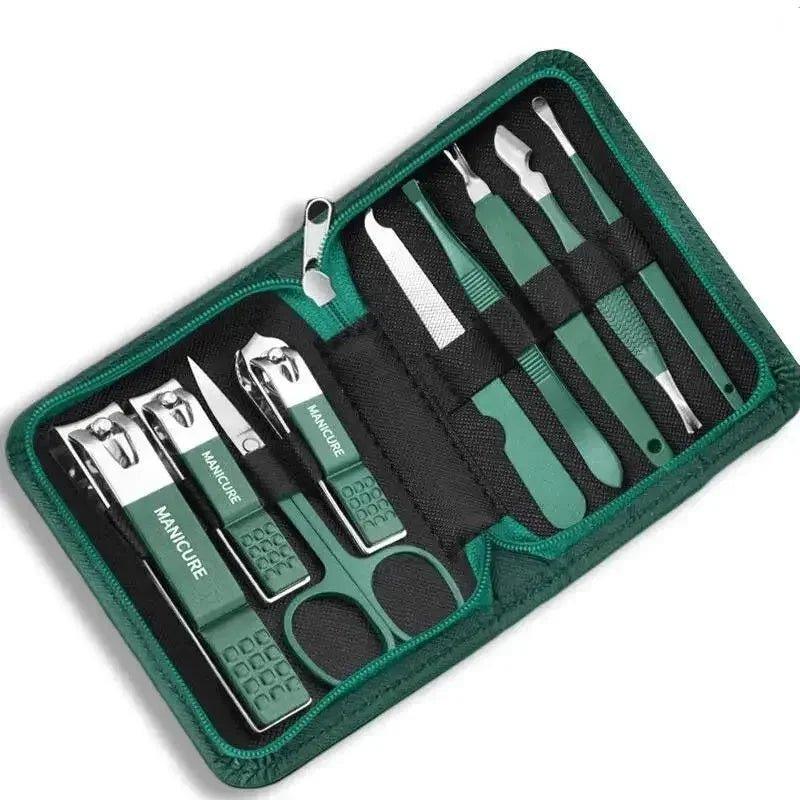 Green manicure set with nail clippers, scissors, and tools in zippered case for beauty and grooming