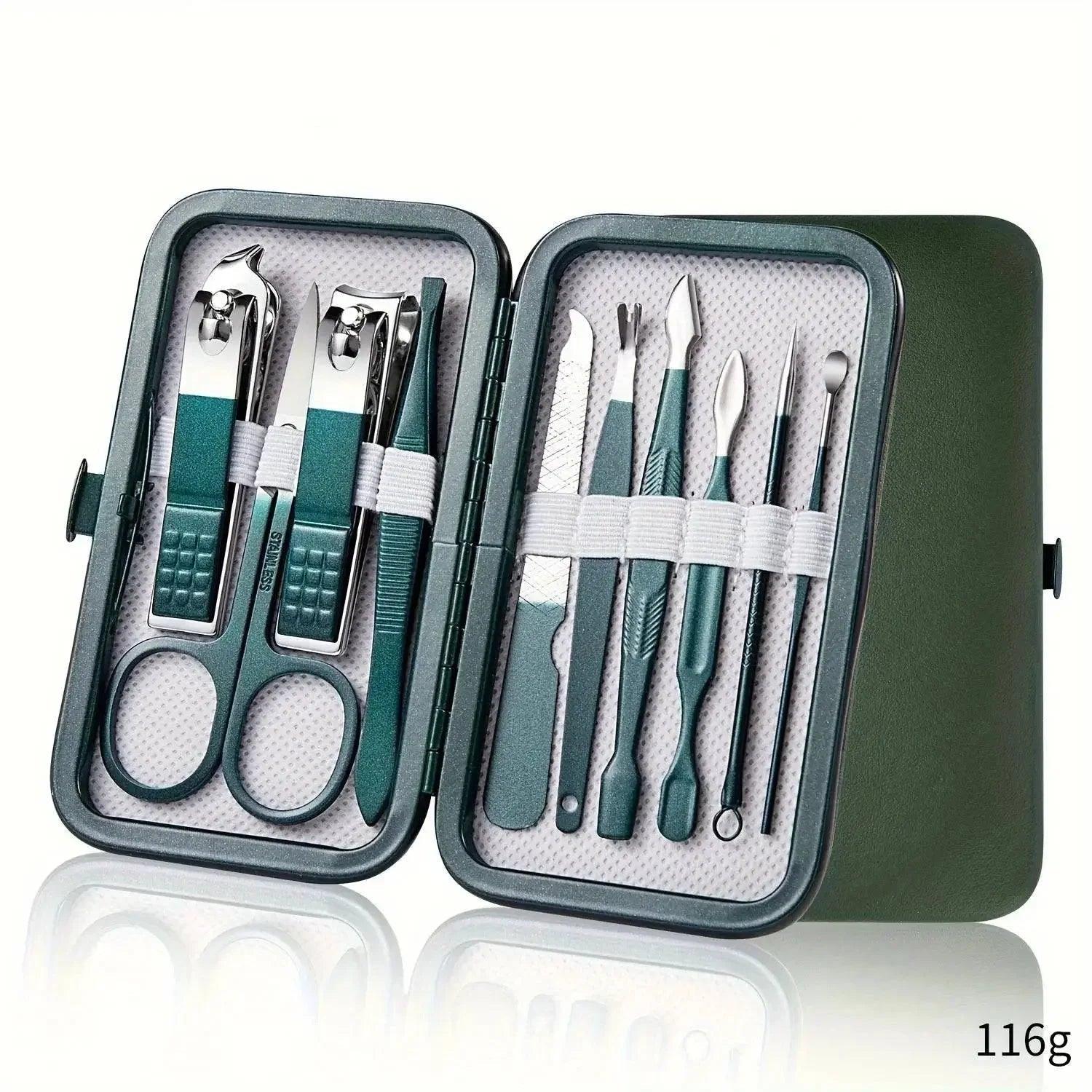 Green stainless steel manicure set with nail clippers, scissors, and tools in portable case