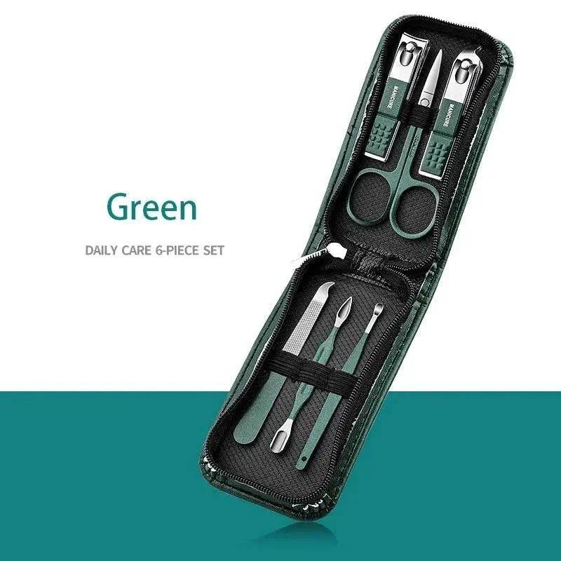 Green 6-piece nail care set with scissors, clippers, and files in zippered case for daily beauty routine