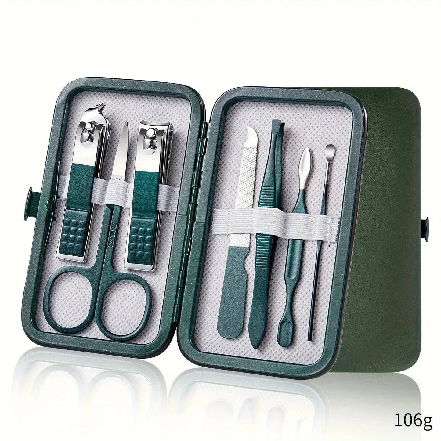 Green travel manicure set with nail clippers, scissors, tweezers, and files in compact case