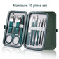 10-piece manicure set with nail clippers, scissors, and tools in green case for women's beauty care