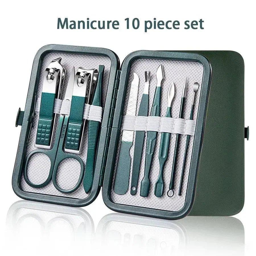 10-piece manicure set with nail clippers, scissors, and tools in green case for women's beauty care