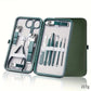 Green manicure set with nail clippers, scissors, and tools in portable case for beauty and grooming