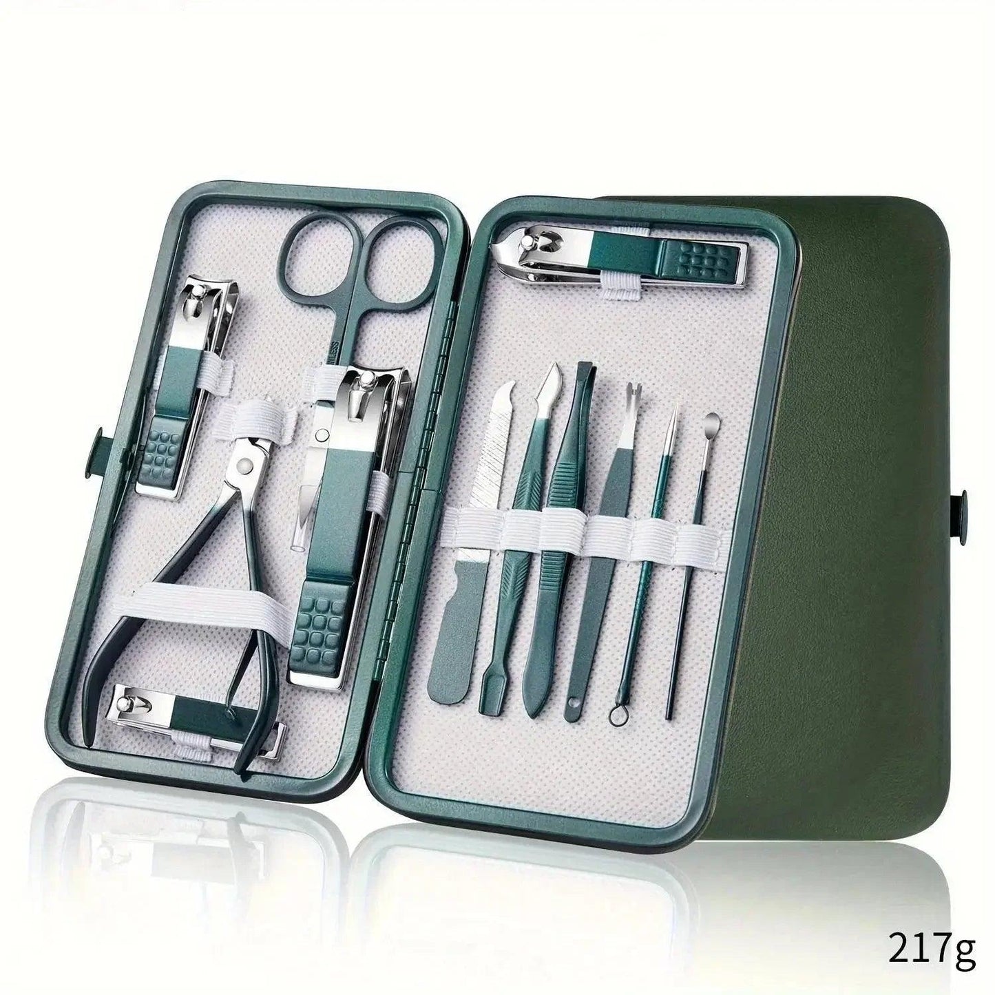 Green manicure set with nail clippers, scissors, and tools in portable case for beauty and grooming