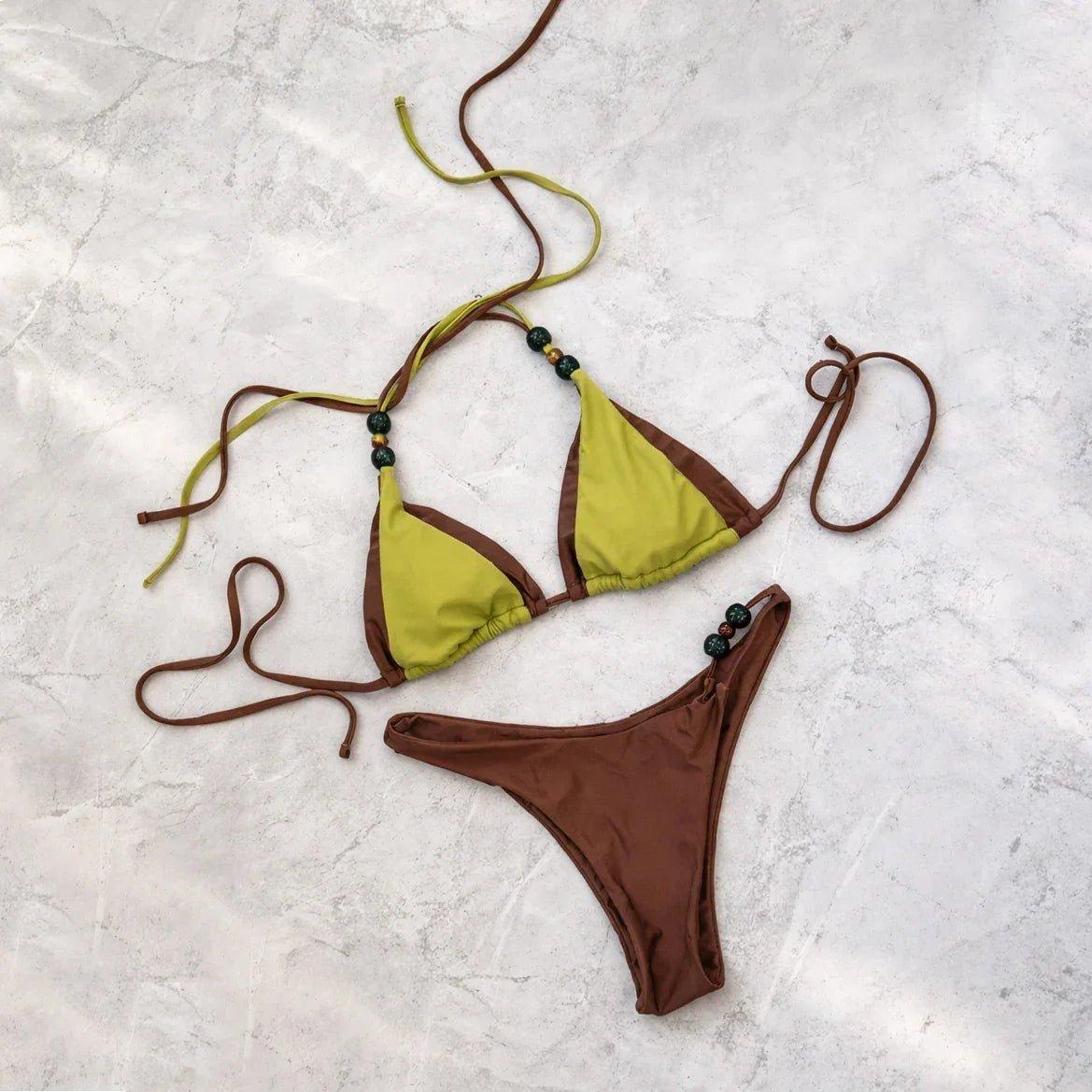 Green and brown tie-side bikini set with beaded straps, women's fashion swimwear