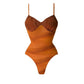 Rust-colored one-piece swimsuit with ruched bust and thin straps, women's beachwear fashion