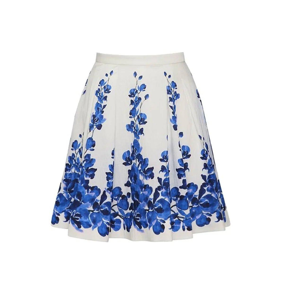 White A-line skirt with blue floral print, women's fashion