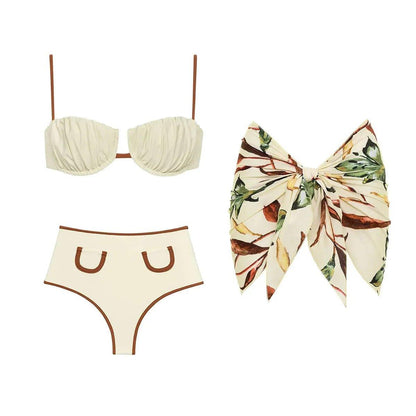Cream bikini set with brown trim and floral bow cover-up, women's beachwear fashion