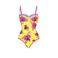 Yellow floral one-piece swimsuit with pink peonies and colorful straps, women's fashion swimwear