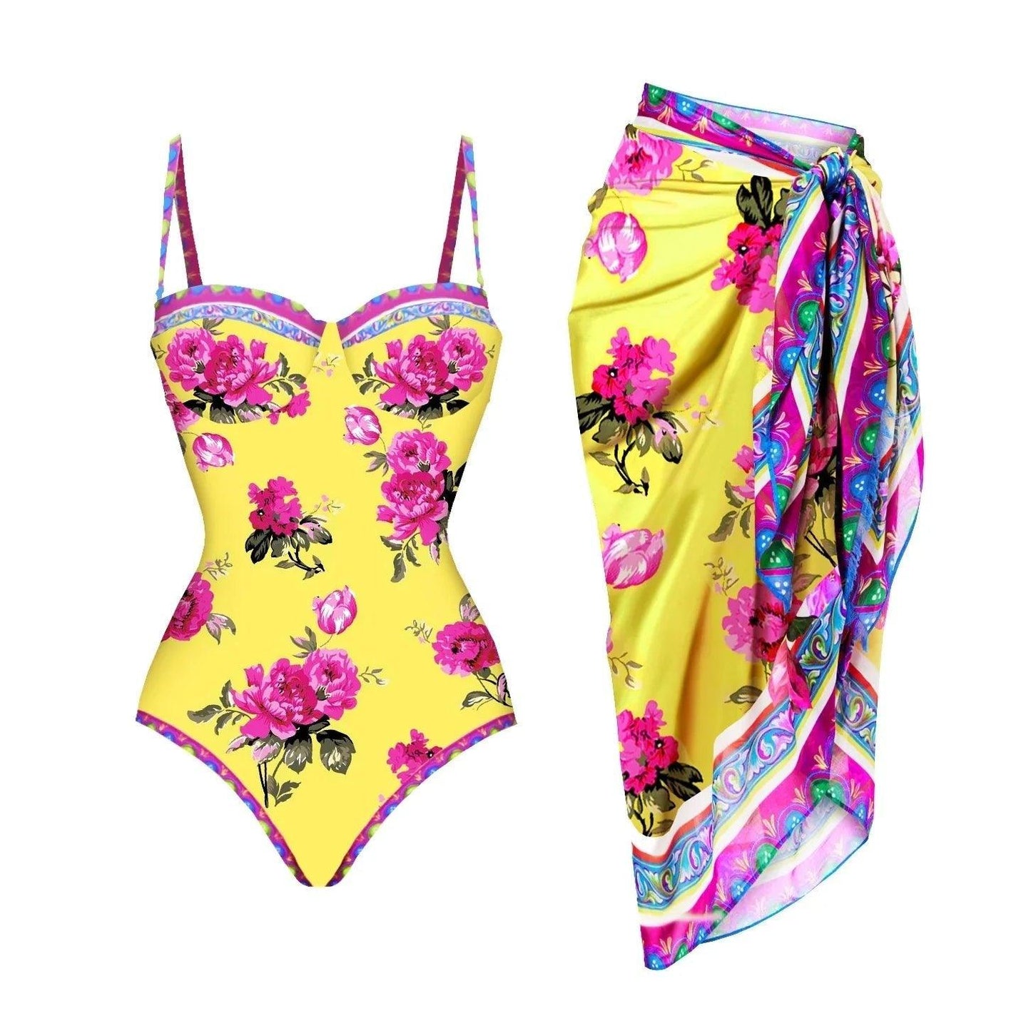 Yellow floral one-piece swimsuit with matching sarong wrap, vibrant pink peony print, beach fashion set