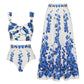 Blue floral print women's bikini set with matching maxi skirt, stylish beachwear outfit