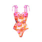 Orange floral one-piece swimsuit with pink tie straps, women's fashion beachwear