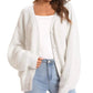 White waffle knit cardigan sweater for women, cozy button-up style with balloon sleeves, paired with jeans