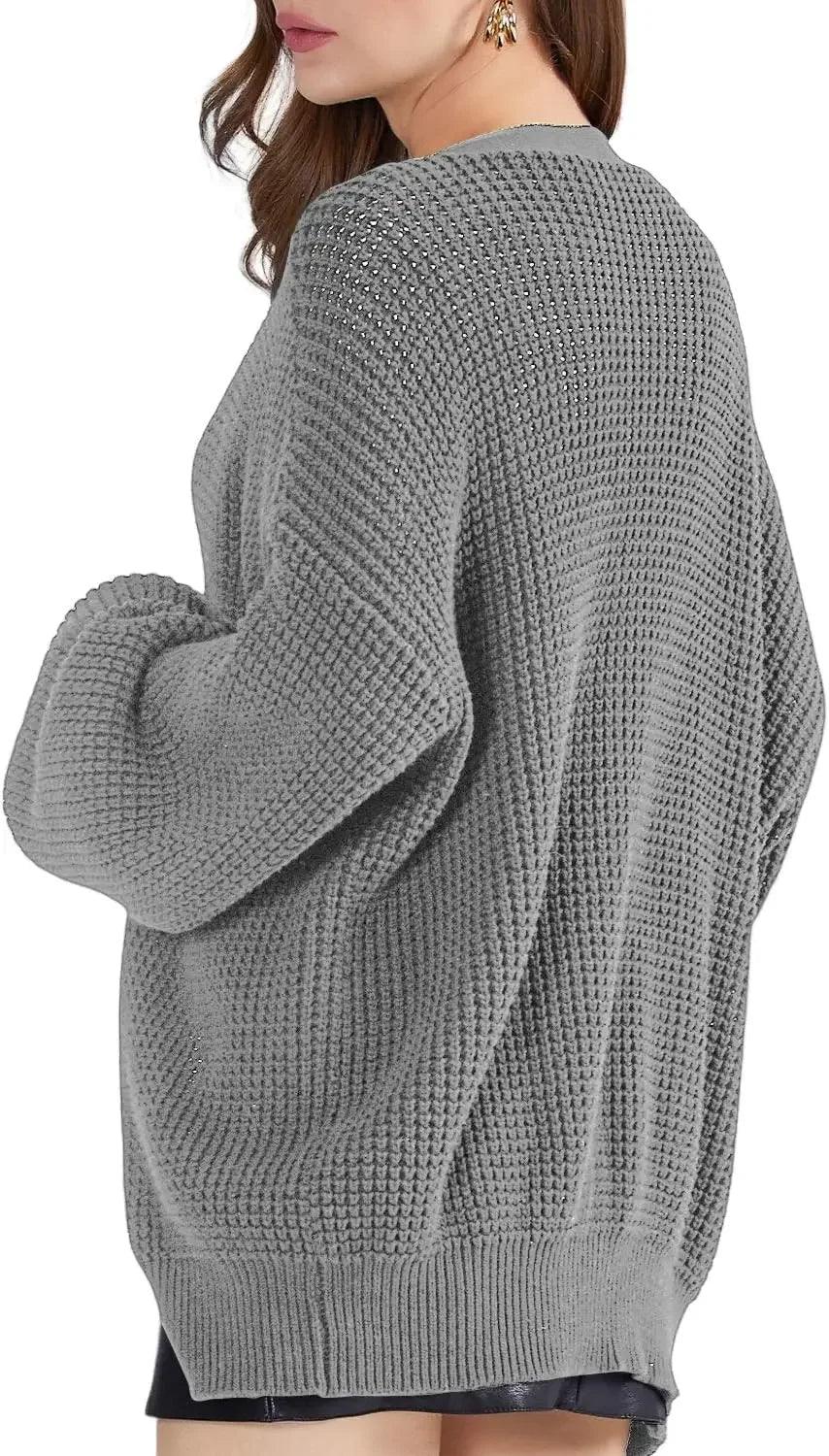 Gray waffle knit sweater with sparkly details, women's fashion top