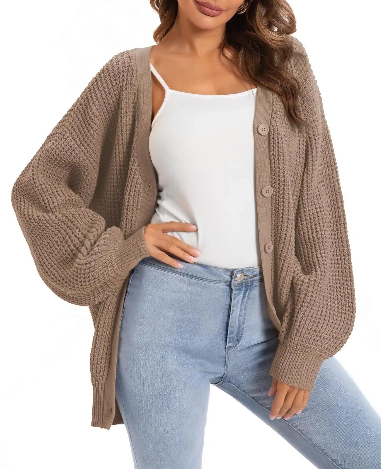 Women's cozy knit cardigan with buttons, styled with white top and light wash jeans for casual fashion