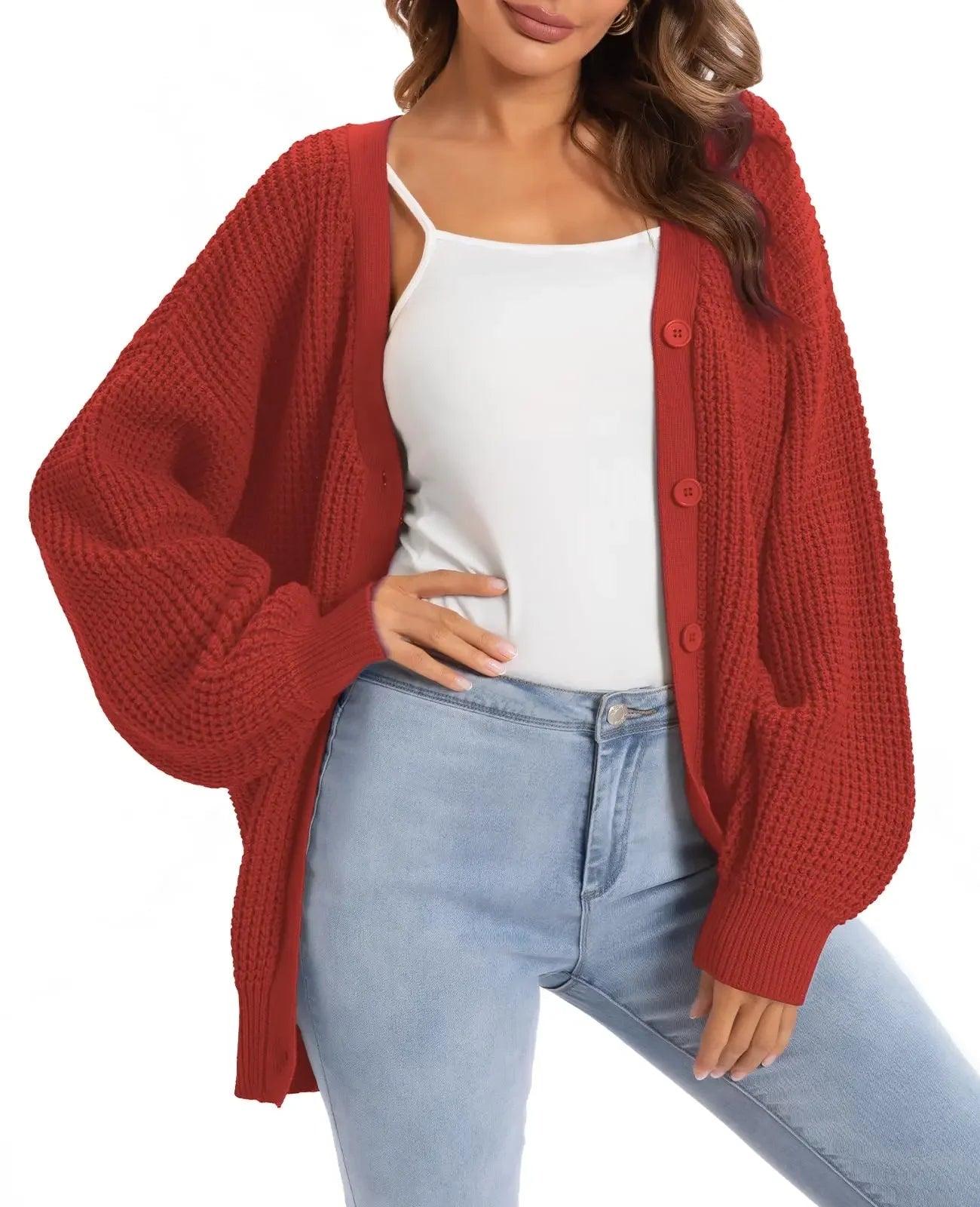 Red chunky knit cardigan sweater for women, cozy fall fashion with button front and balloon sleeves