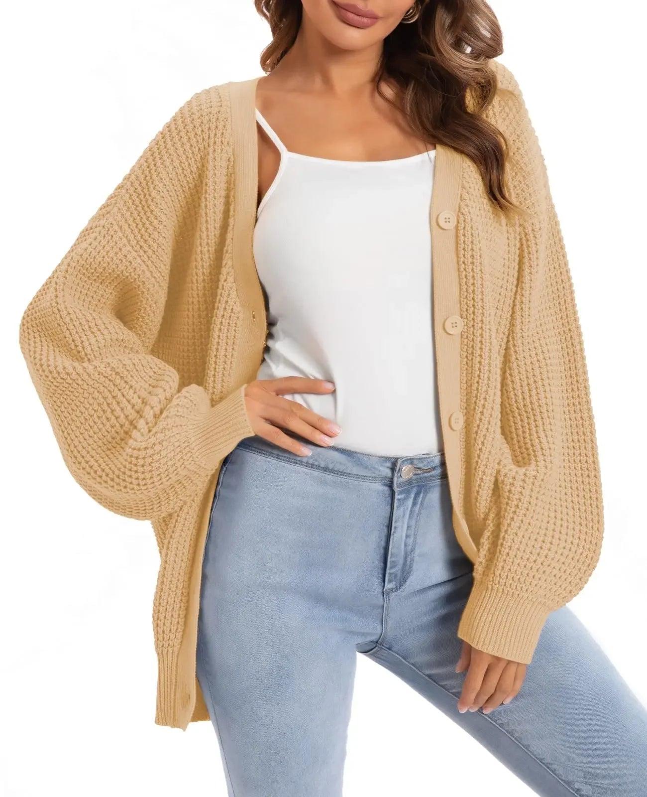 Beige knit cardigan with buttons, styled with white top and light wash jeans for women's fashion