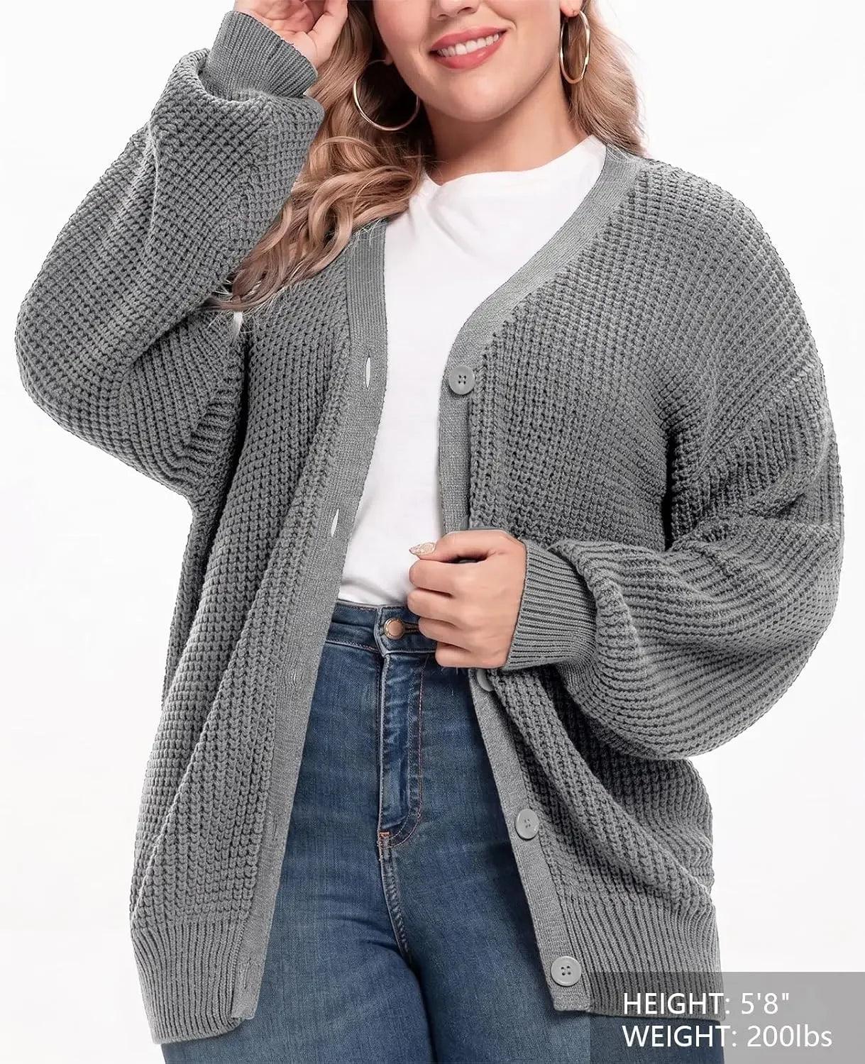 Gray waffle knit cardigan sweater for women, cozy plus size fashion with button front and long sleeves