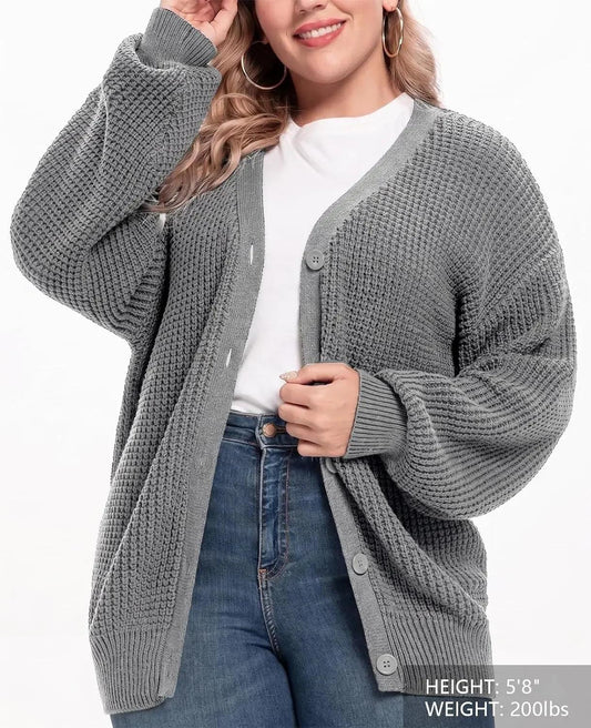Gray waffle knit cardigan sweater for women, cozy plus size fashion with button front and long sleeves