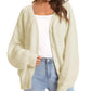 Cream waffle knit cardigan sweater for women, cozy open front with buttons, styled with white top and jeans