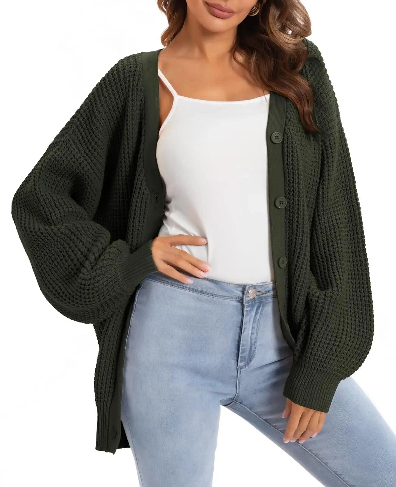 Olive green waffle knit cardigan sweater for women, styled with white top and light wash jeans