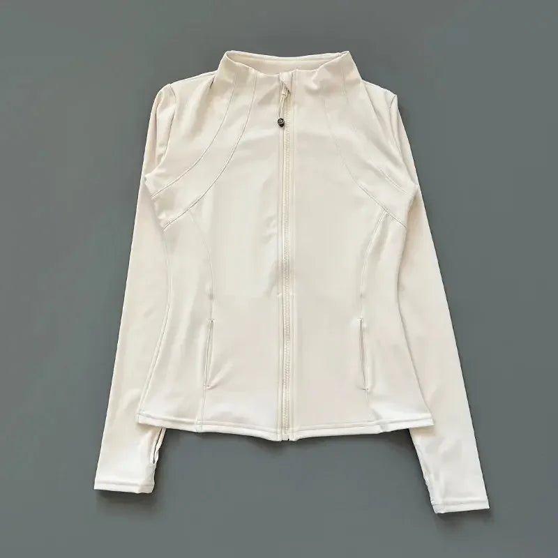 Cream white women's zip-up athletic jacket with side pockets, perfect for fitness and casual wear
