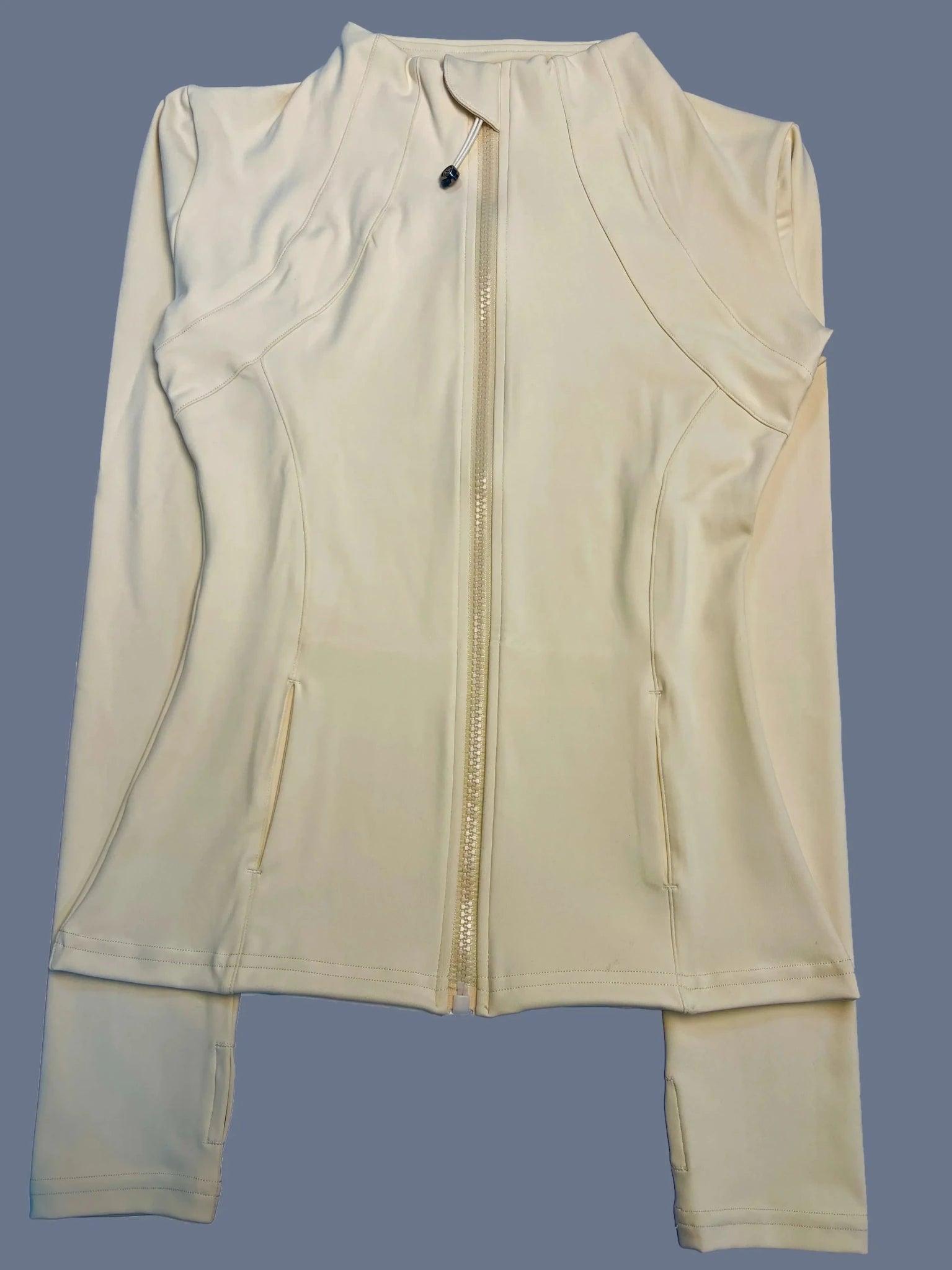 Cream women's zip-up jacket with long sleeves and side pockets, stylish fashion outerwear