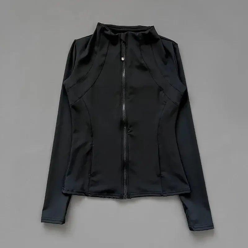 Black women's zip-up fitness jacket with high neck and long sleeves, stylish activewear for gym or casual wear