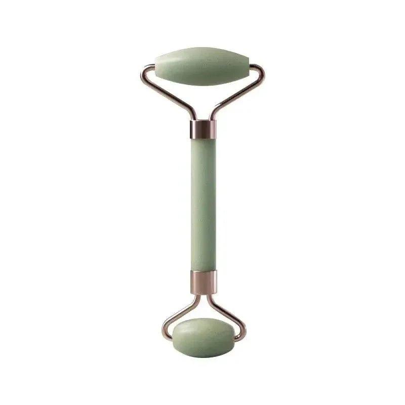 Green jade facial roller for skincare and relaxation, dual-ended beauty tool