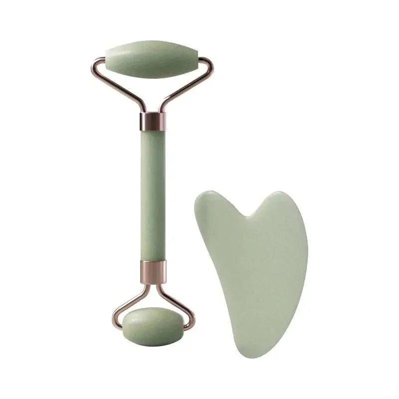 Green jade roller and gua sha tool for facial massage and skincare routine