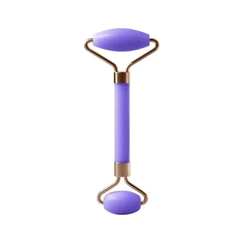 Purple dual-ended facial roller with rose gold accents for skincare and relaxation