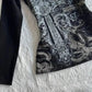 Black and silver floral print dress with pearl embellishments, elegant women's fashion