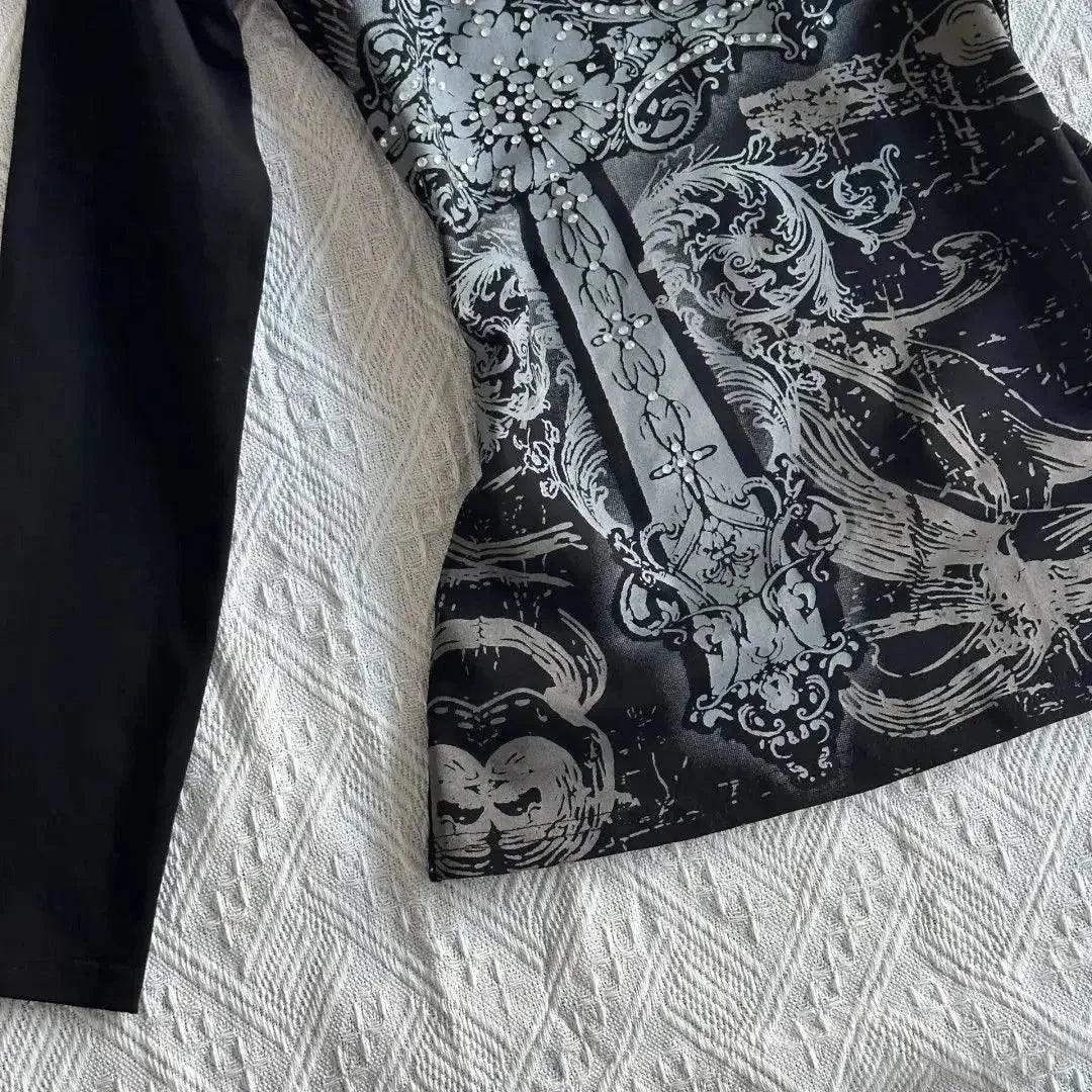 Black and silver floral print dress with pearl embellishments, elegant women's fashion