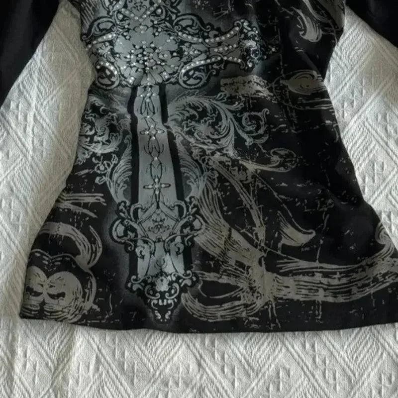 Black gothic dress with silver baroque print and embellished bodice, women's fashion