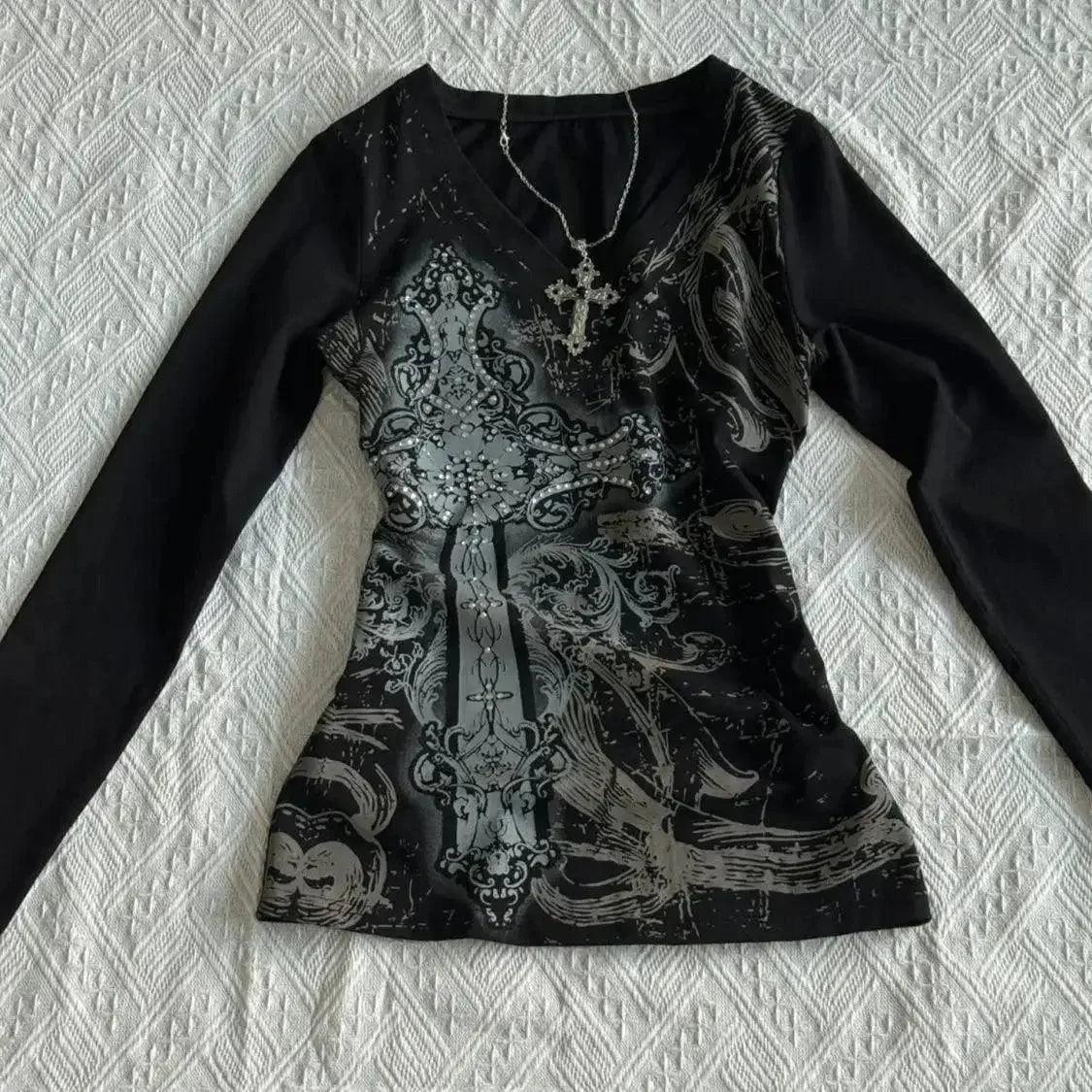 Black gothic long sleeve top with silver cross print and rhinestone details, women's fashion