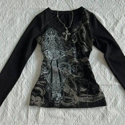 Black gothic long sleeve top with silver cross print and rhinestone details, women's fashion