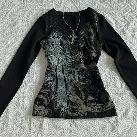 Black gothic long sleeve top with silver cross print and rhinestone details, women's fashion