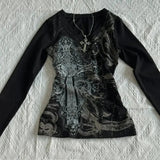 Black gothic long sleeve top with silver cross print and rhinestone details, women's fashion