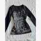 Black long sleeve top with gothic cross print and silver necklace, women's fashion