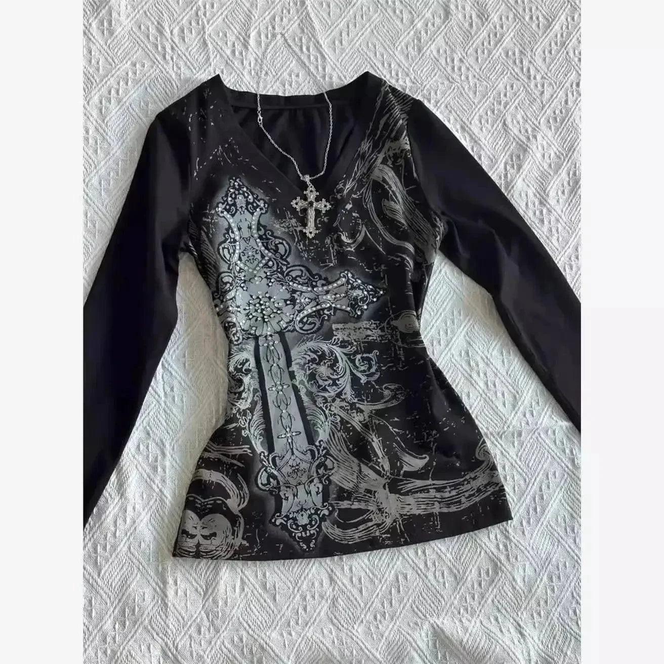 Black long sleeve top with gothic cross print and silver necklace, women's fashion