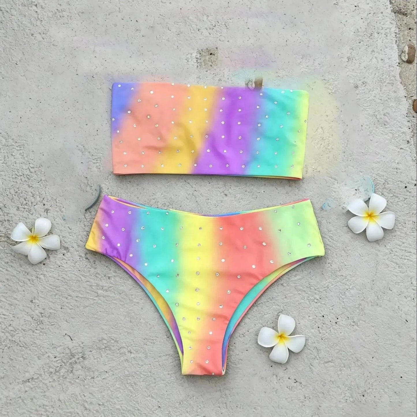 Rhinestones Swimsuit Bikini Swimwear Swimsuit Women Separates Swimwear Two Piece Side Straps Swimsuit Bathing Suit - Womans Fashion