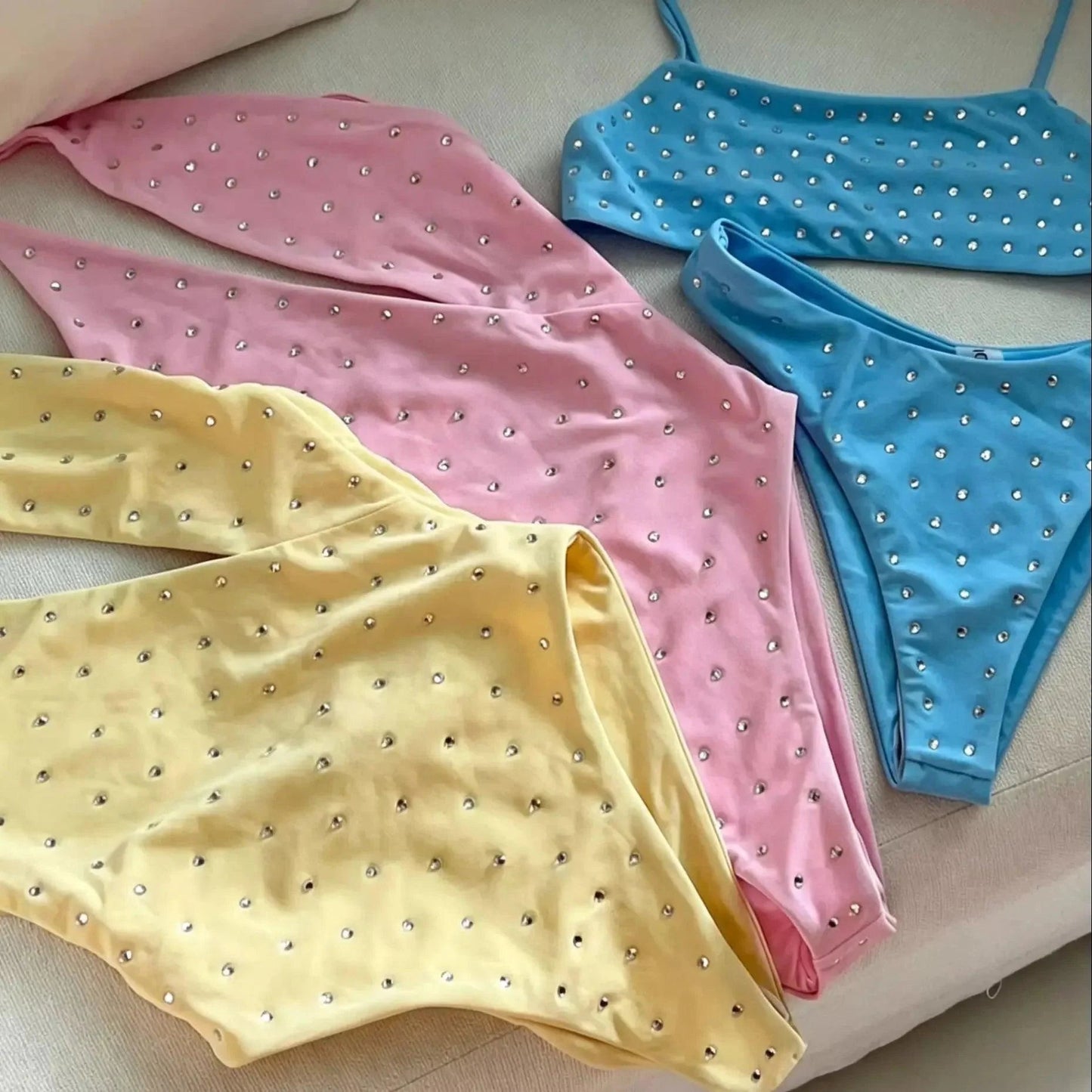 Rhinestones Swimsuit Bikini Swimwear Swimsuit Women Separates Swimwear Two Piece Side Straps Swimsuit Bathing Suit - Womans Fashion