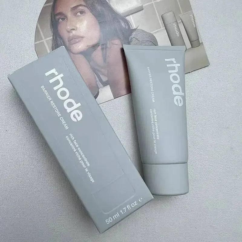 Rhode Barrier Restore Cream rich face moisturizer in sleek gray packaging for glowing skin