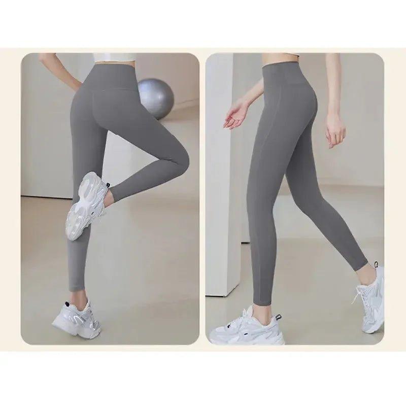 Gray high-waist leggings for women, perfect for yoga and fitness, paired with white sneakers