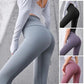 Women's high-waisted yoga leggings in gray, black, purple, pink — stretchy fitness wear for workouts