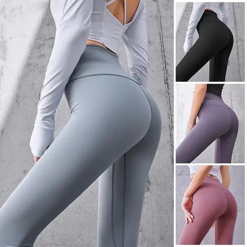 Women's high-waisted yoga leggings in gray, black, purple, pink — stretchy fitness wear for workouts