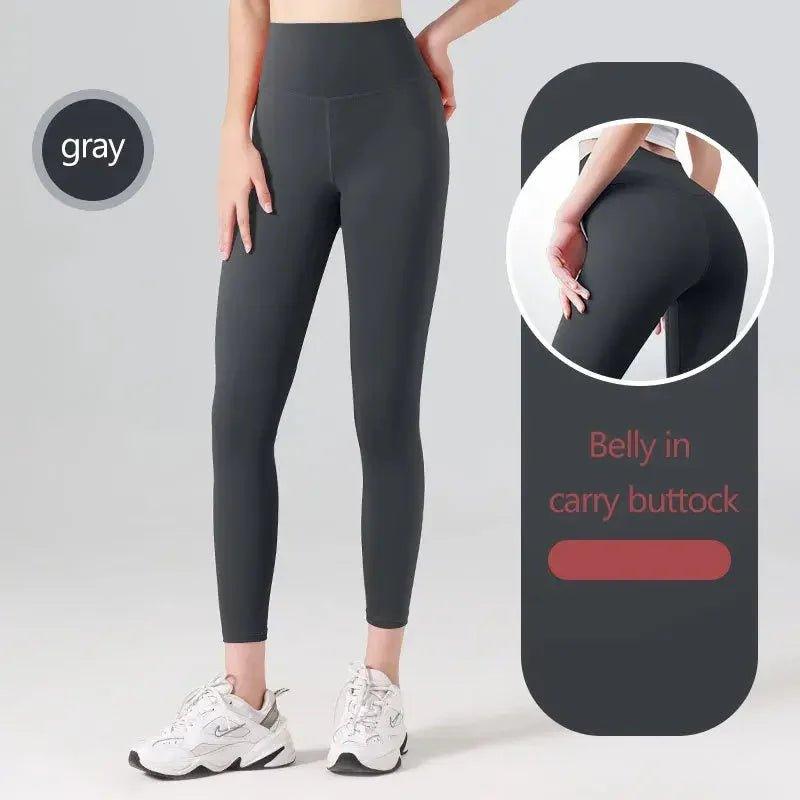 Gray high-waisted leggings for women, belly-flattening and butt-lifting design, paired with white sneakers