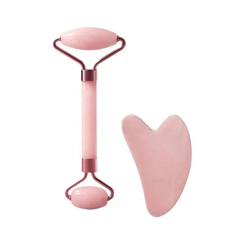 Pink rose quartz facial roller and gua sha tool for skincare and beauty routines